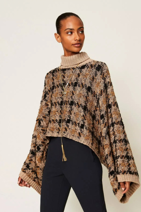 Check Jacquard Knit Cape