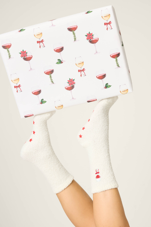 Let's Get Toasty Wine Print Crew Socks with Grippers