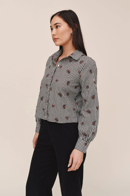 Long Sleeve Crop Button Down - Micro Floral Gingham
