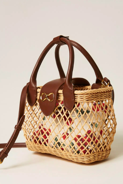 Wicker Shoulder Bag with Cherry Print