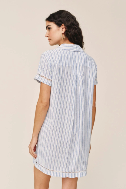 Short Sleeve Pullover Shirt Dress - Ocean Blue Stripes