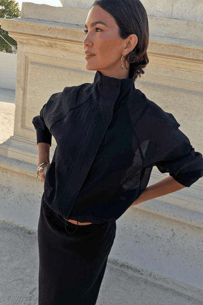 Black Organza Funnel Neck Jacket