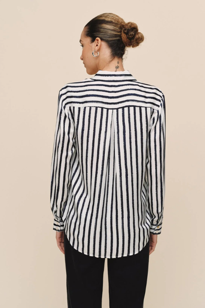 High Low Hem Shirt - Indigo Ink Stripe