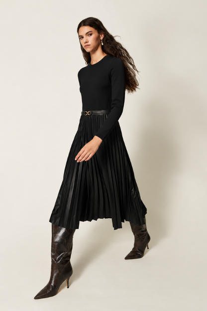 Knit Dress with Leather Skirt