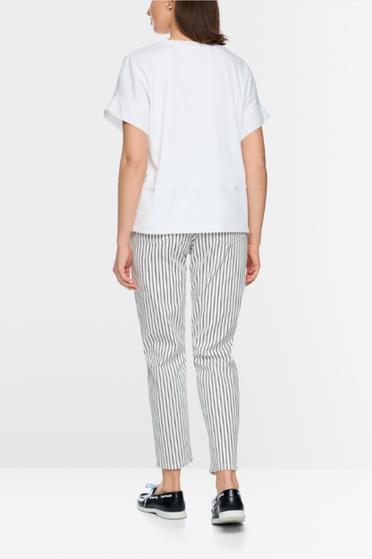 Drawstring V-Neck Mixed Media Blouse