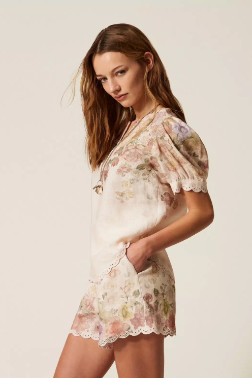 Linen Floral Embroidered Blouse