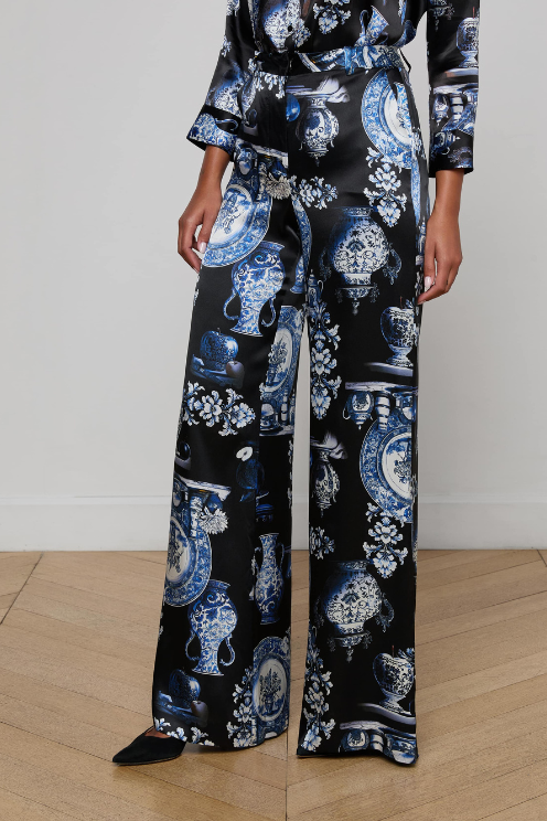 Pilar Silk Wide-Leg Pant - Porcelain Print