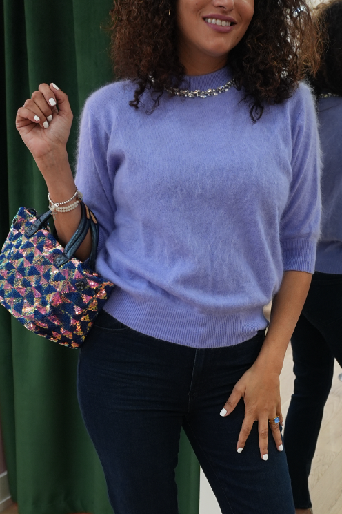 Brushed Elbow Sleeve Boxy Crew W/ Necklace Crewneck