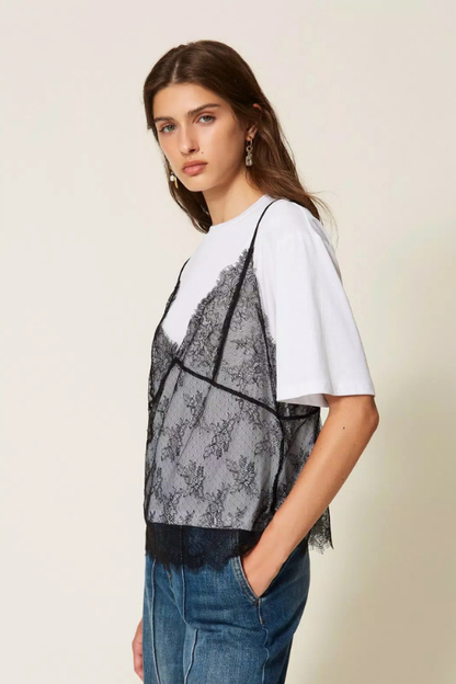 Crew Neck Tee with Lace Cami