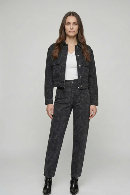 Cropped Floral Jacquard Denim Jacket