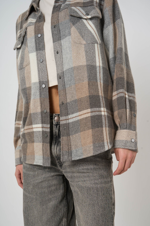 Woven Cashmere-Wool Checked Overshirt Jacket