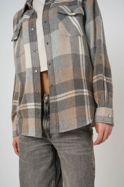 Woven Cashmere-Wool Checked Overshirt Jacket