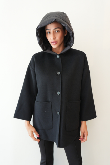 Black Wool Hooded Coat