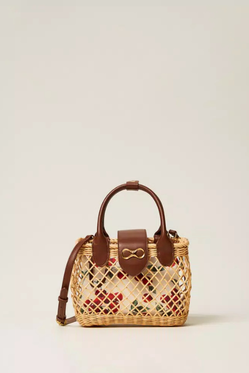 Wicker Shoulder Bag with Cherry Print