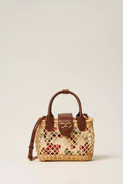 Wicker Shoulder Bag with Cherry Print