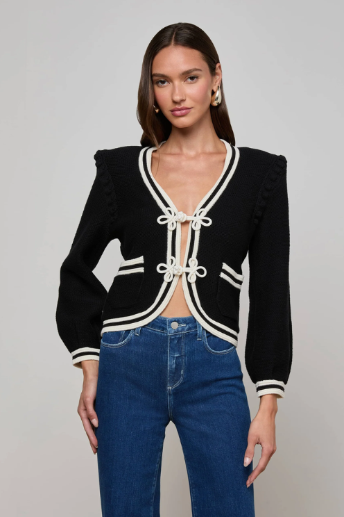Kaito Cont Trim Crop Cardi in Black/Ivory
