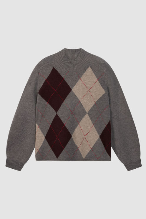 Wool-Cashmere Argyle Intarsia Sweater with Stand Collar