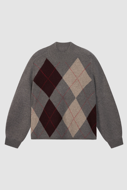 Wool-Cashmere Argyle Intarsia Sweater with Stand Collar