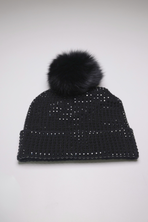 Black Crystal Beanie Fox Pom