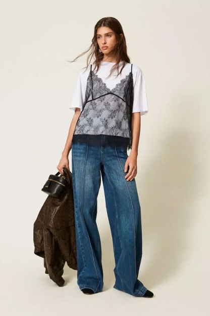 Crew Neck Tee with Lace Cami