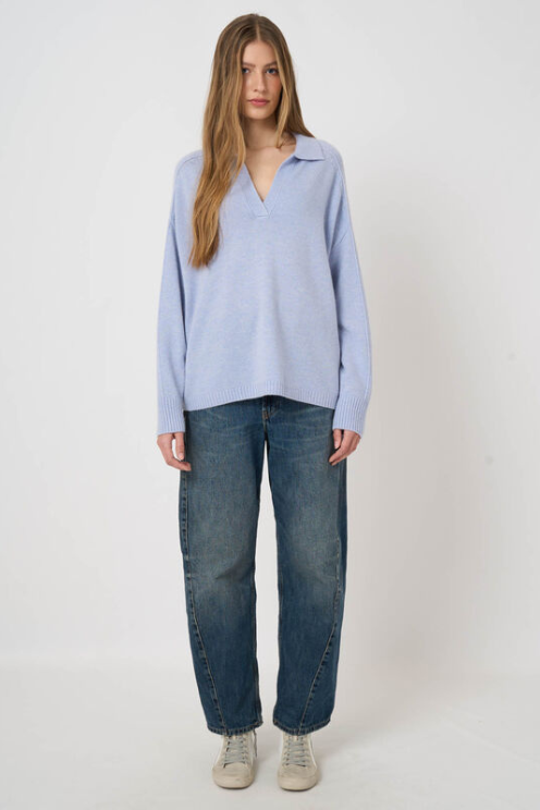 Wool-Cashmere Sweater with Ribbed Polo Neckline