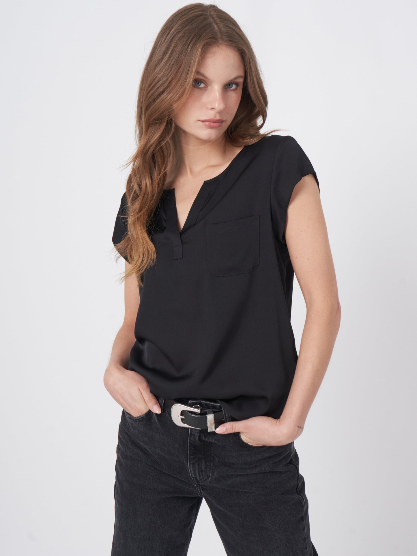 Short Sleeve Silk Top with Pocket