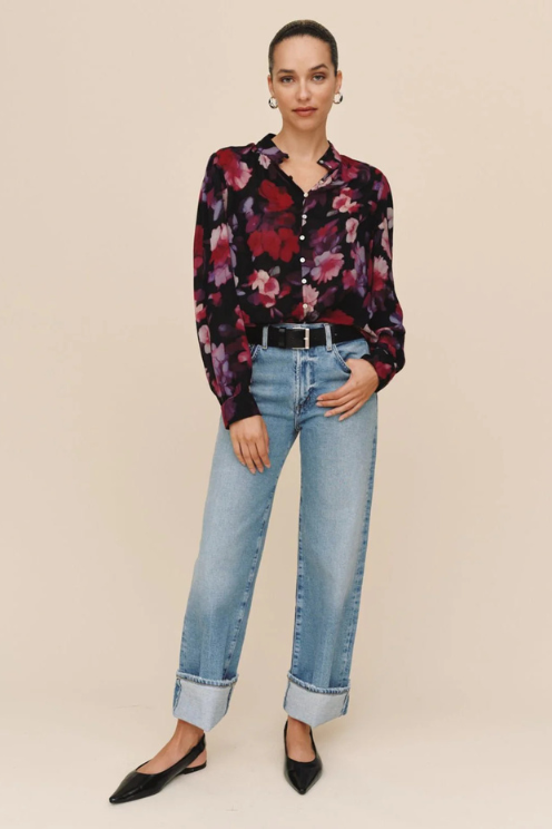 Shirred Button Up Blouse - Berry Bloom Print