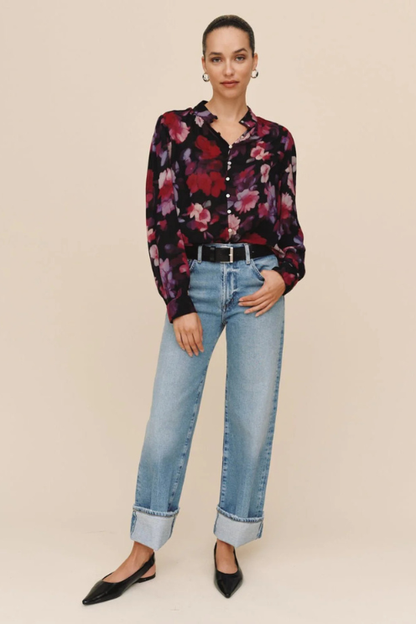 Shirred Button Up Blouse - Berry Bloom Print