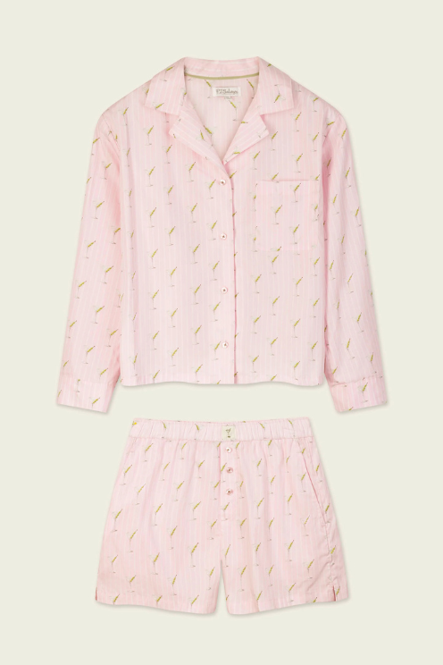 Afterparty Poplin Martini Print Long Sleeve & Shorts PJ Set