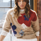 Brushed Elbow Sleeve Floral Intarsia Crew