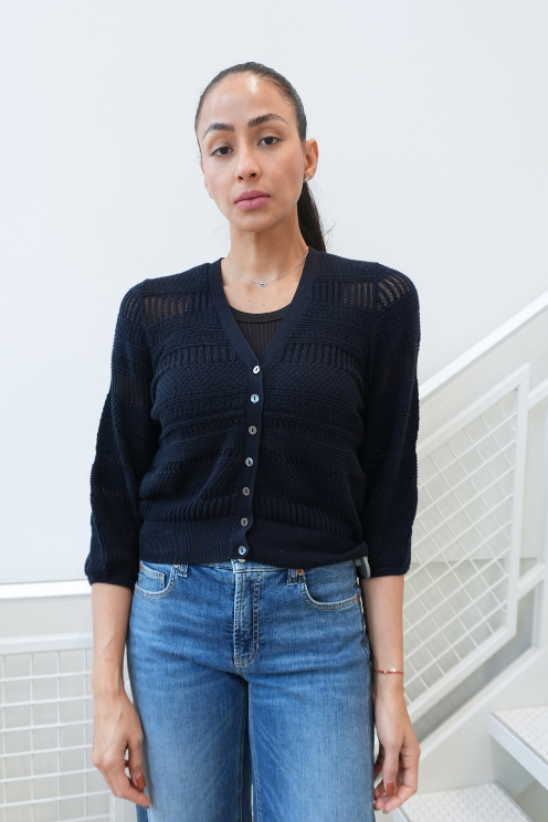 Pointelle 3/4 Puff Sleeve Cardigan