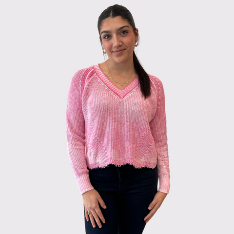 Autumn Cashmere Distressed V Neck Sweater Pink