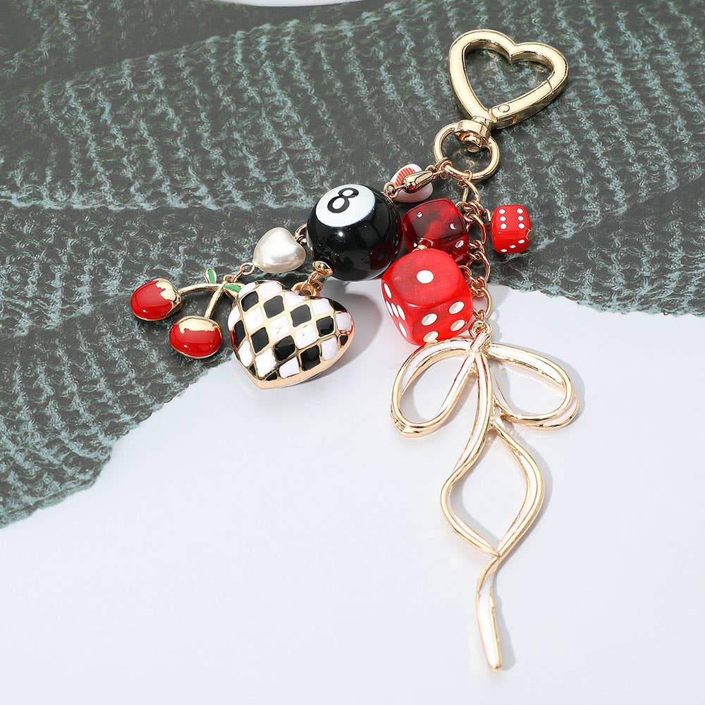 Cherry Bow Dice Heart Charm Embellished Bag Charm