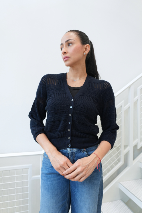 Pointelle 3/4 Puff Sleeve Cardigan