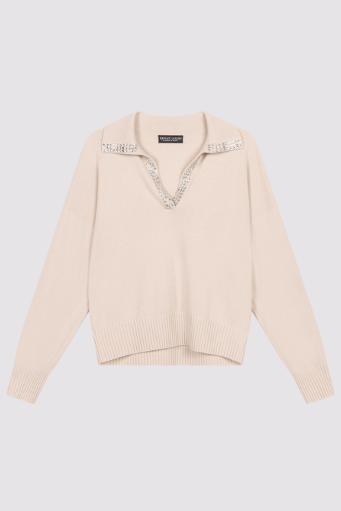 Loose Fit Cashmere Sweater w Embroidered Trim