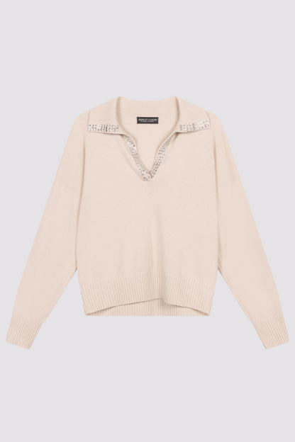Loose Fit Cashmere Sweater w Embroidered Trim