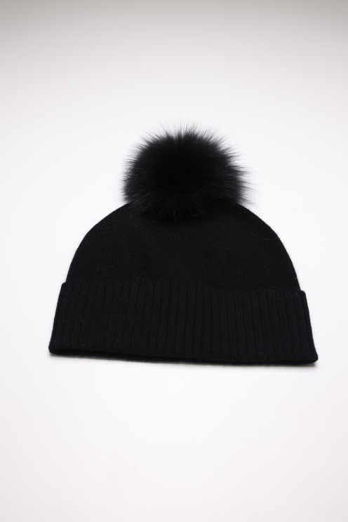 Cashmere Black Hat with Fox Pom