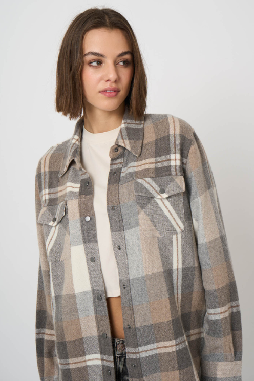 Woven Cashmere-Wool Checked Overshirt Jacket