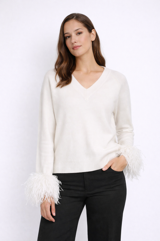 Feather Cuff V-Neck Sweater