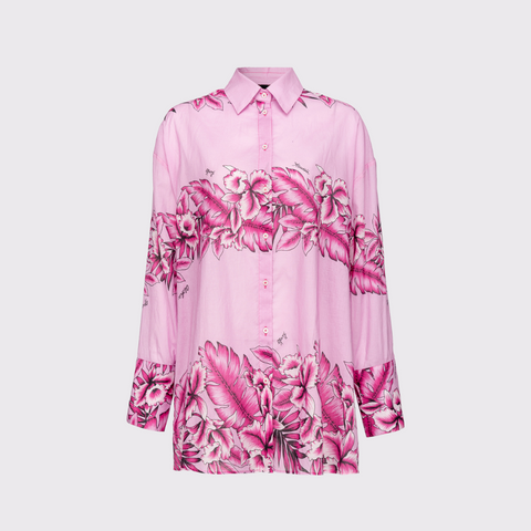 Look your best in the Long Tropical-Print Shirt by Pinko. This piece is stylish and comfortable for any occasion. The tones of pink add a feminine touch, and the tropical print stands out for a pop of style. Wear this piece with denim for a casual look, or tuck it into a skirt to dress it up. Ready to make a lasting impression?