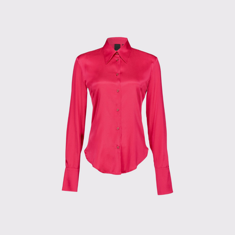 Add a stylish twist to your wardrobe with this pink Silk Satin Shirt by Pinko. The classic blouse style is given a bold update with its vibrant pink hue, perfect for making a statement. Crafted from luxurious silk satin, feel confident and make a statement with this piece. Want to achieve an edgier look? Style this top with a fun mini skirt, and over the knee boots!