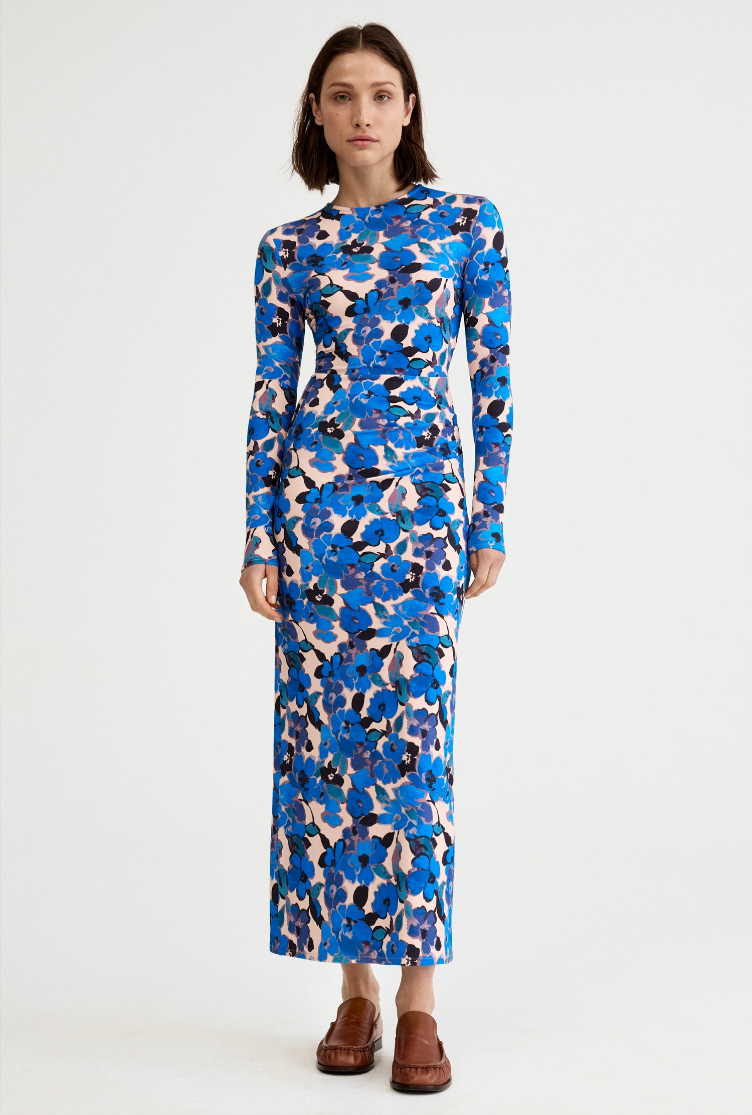 Ruched Crewneck Midi Dress