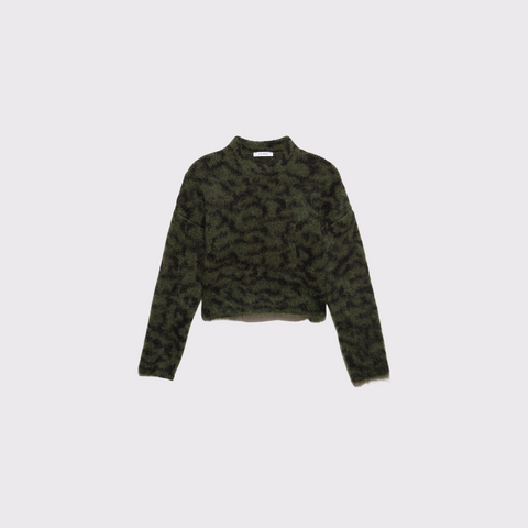Meet the Abstract Jacquard Crew Sweater by Frame. Stay warm without sacrificing style this fall in this soft and cozy dark green camouflage-inspired sweater. It is the perfect way to add character to your wardrobe. This piece is an easy layer to help spruce up your look for the fall season.