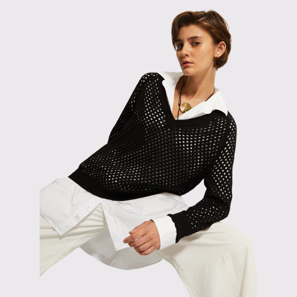 Autumn Cashmere Mesh V Neck Sweater Carriage Trade Shop in the