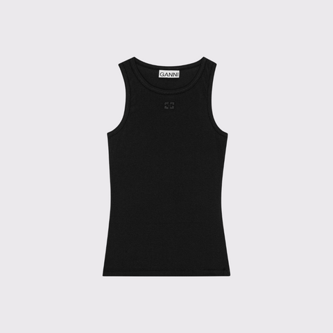 GANNI Soft Cotton Rib Tank in Black