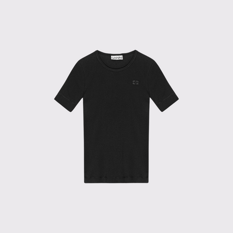 GANNI Soft Cotton Rib T-shirt in Black