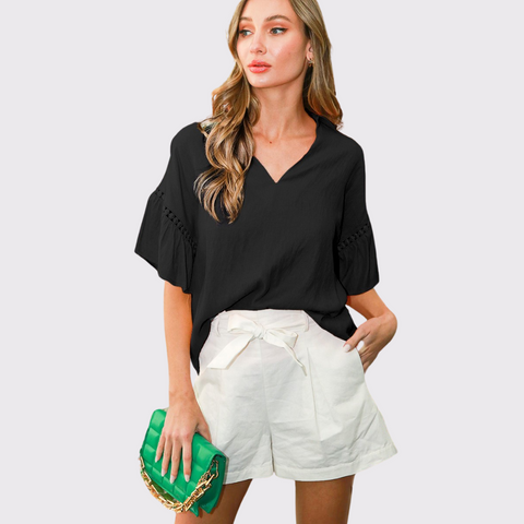 Vine & Love Ruffle Sleeve Blouse with Trim Detail