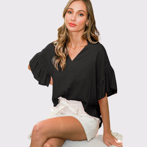 Vine & Love Ruffle Sleeve Blouse with Trim Detail