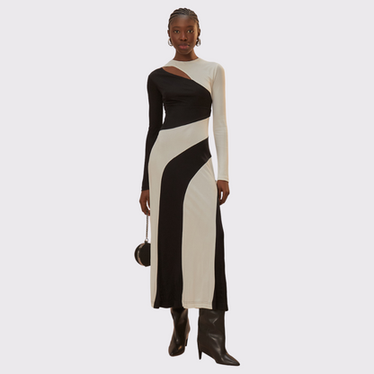 Black and White Cut-Out Long Sleeve Midi Dress