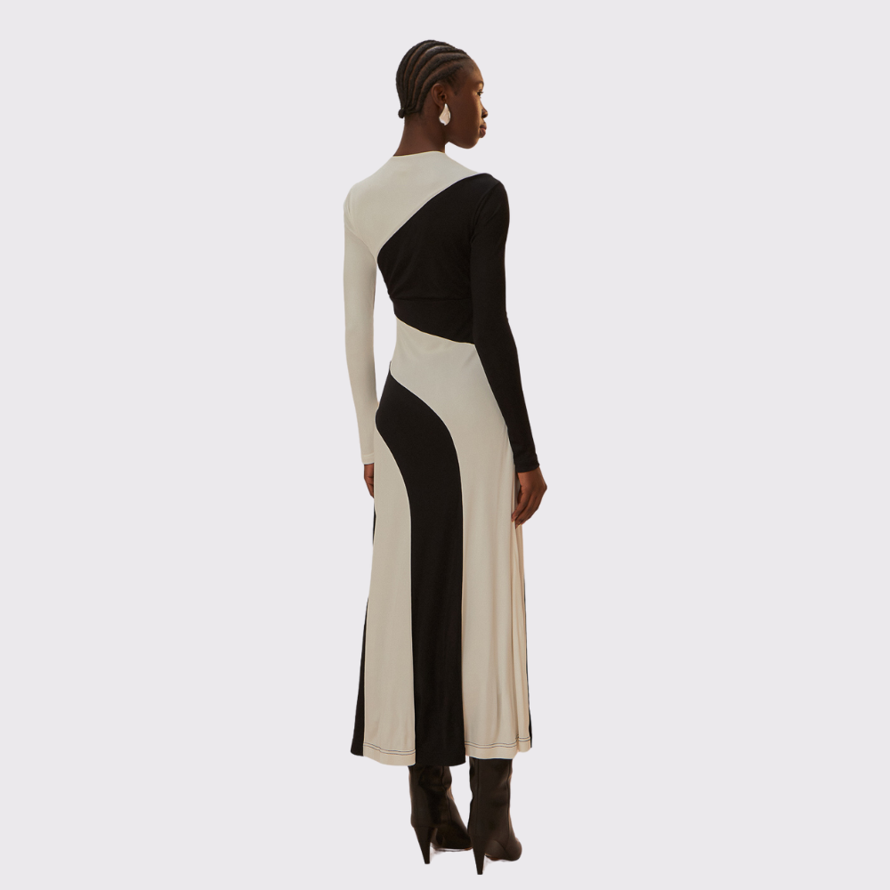 Black and White Cut-Out Long Sleeve Midi Dress